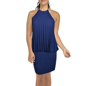 nwt new h by halston Navy Blue Halter Pleated Overlay Knee Length Dress size 10